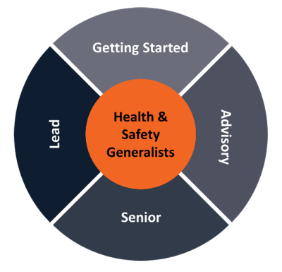 Wheel diagram of each group in the job family, getting started, advisory, senior, and lead.