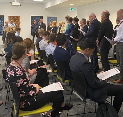 Intern Powhiri 2 Agency managers, the GHSL and MPIs Kapa Haka group welcome the 2019/20 Health and Safety Summer interns.